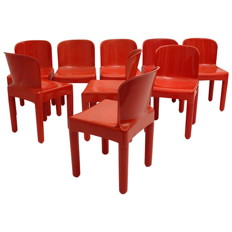 Space Age Vintage Eight Red Plastic Dining Chairs by Marcello Siard, Italy, 1969 For Sale