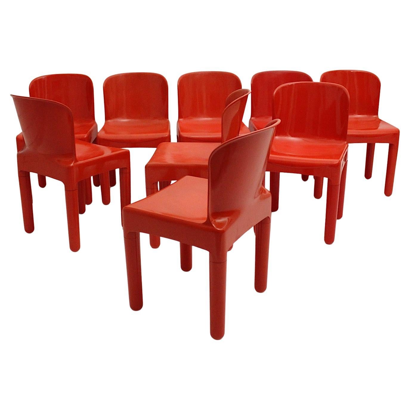 Space Age Vintage Eight Red Plastic Dining Chairs Marcello Siard 1969 Italy