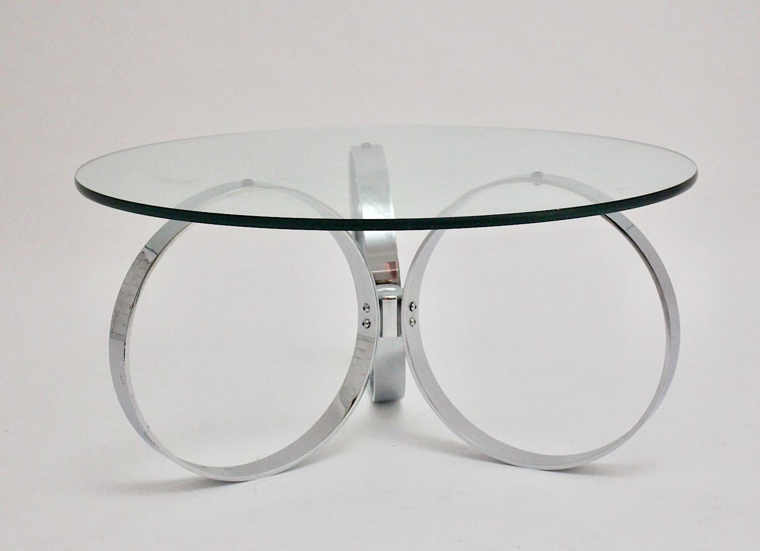 Space Age Vintage Glass Chromed Coffee Table or Sofa Table with Rings, 1960s In Good Condition For Sale In Vienna, AT