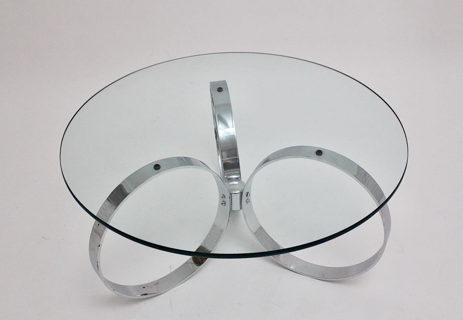 Mid-20th Century Space Age Vintage Glass Chromed Coffee Table or Sofa Table with Rings, 1960s For Sale