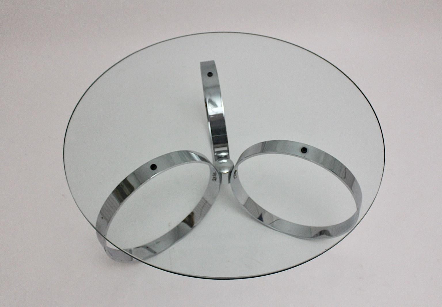 Metal Space Age Vintage Glass Chromed Coffee Table or Sofa Table with Rings, 1960s For Sale