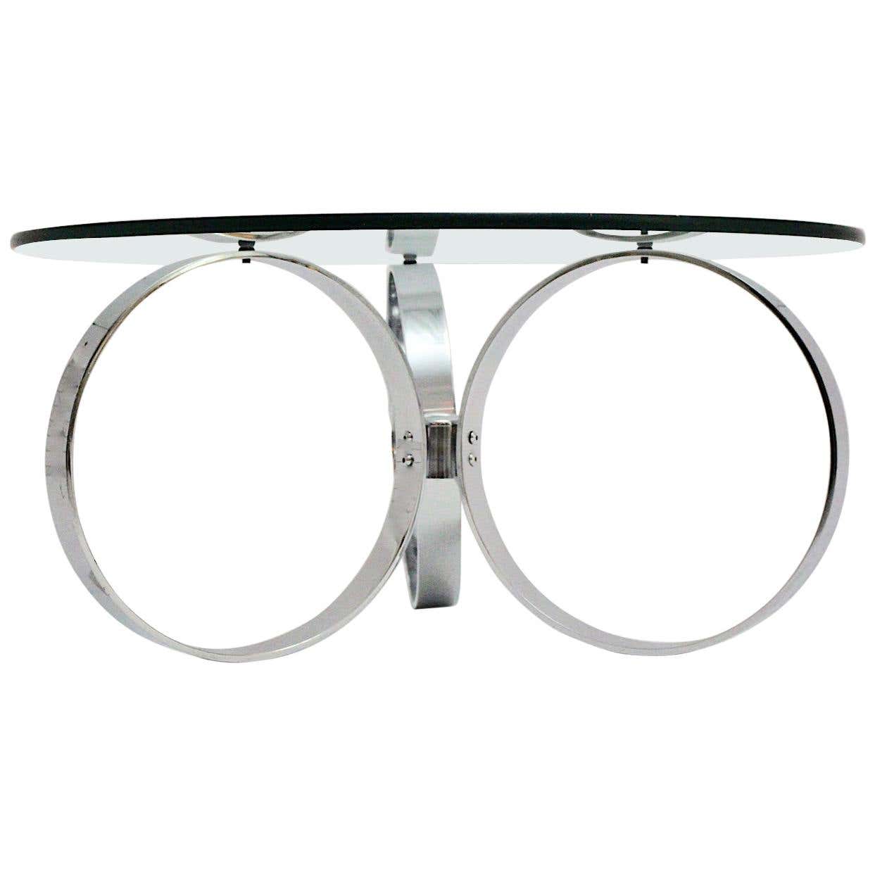 Space Age Vintage Glass Chromed Coffee Table or Sofa Table with Rings ...