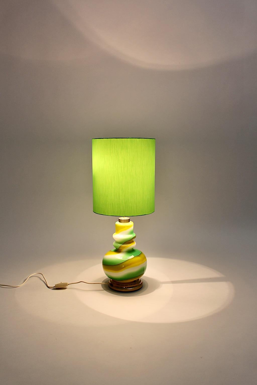 Italian Space Age Vintage Glass Green Yellow White Table Lamp, 1960s, Italy For Sale