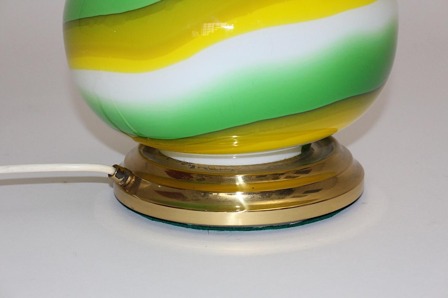 Space Age Vintage Glass Green Yellow White Table Lamp, 1960s, Italy For Sale 1