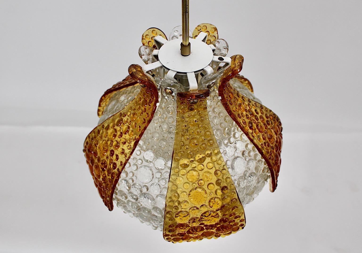 Brass Space Age Vintage Glass Orange White Chandelier Pendant Flower 1960s Italy