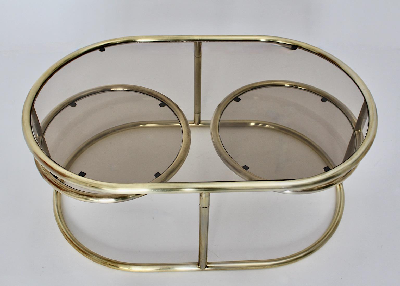 Modernist Vintage Golden Metal Glass Oval Coffee Table Sofa Table, 1960s, Italy For Sale 1