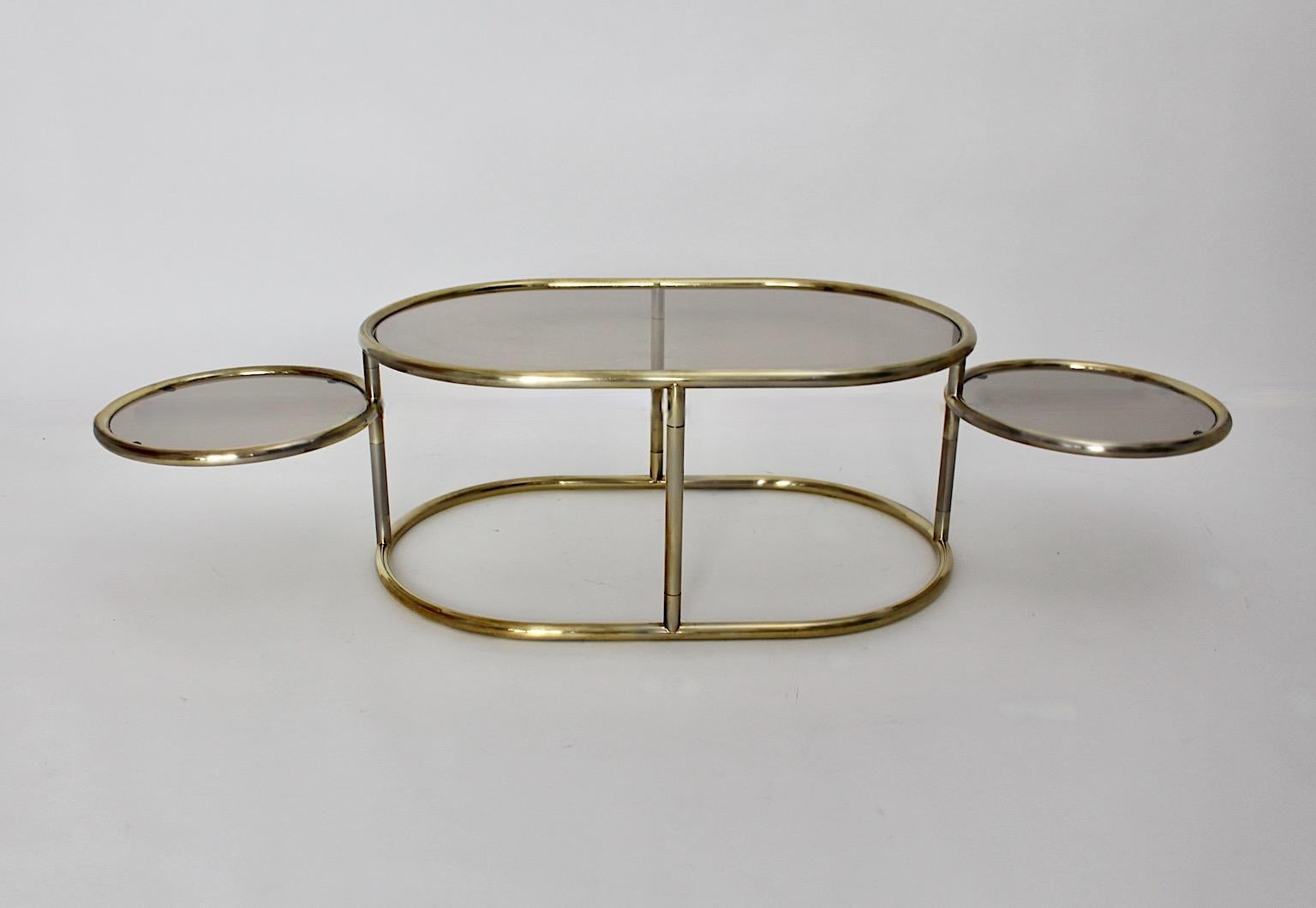 Modernist Vintage Golden Metal Glass Oval Coffee Table Sofa Table, 1960s, Italy For Sale 2