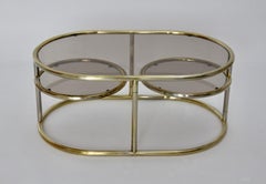 Modernist Vintage Golden Metal Glass Oval Coffee Table Sofa Table, 1960s, Italy