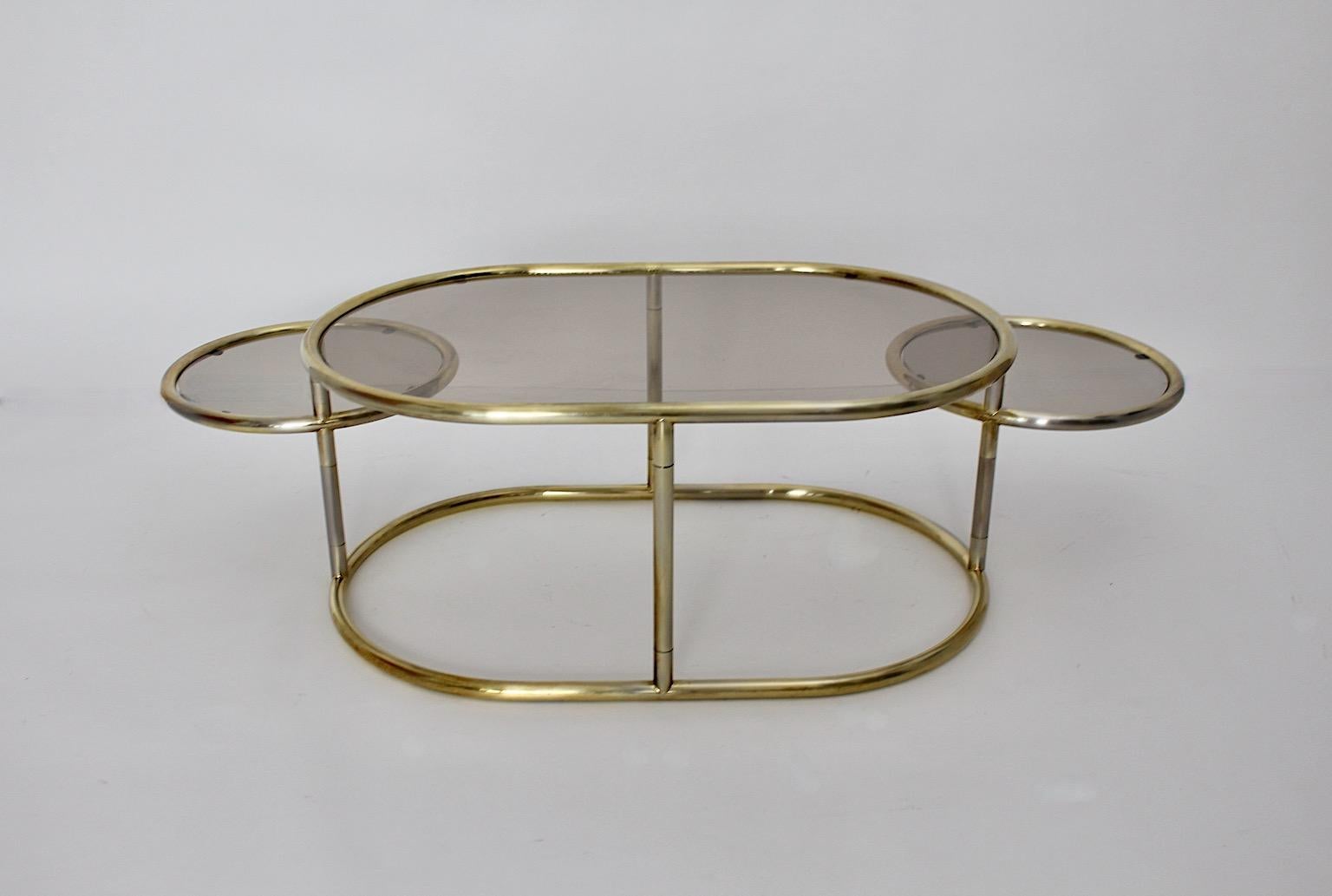 Space Age Modernist Vintage Golden Metal Glass Oval Coffee Table Sofa Table, 1960s, Italy For Sale