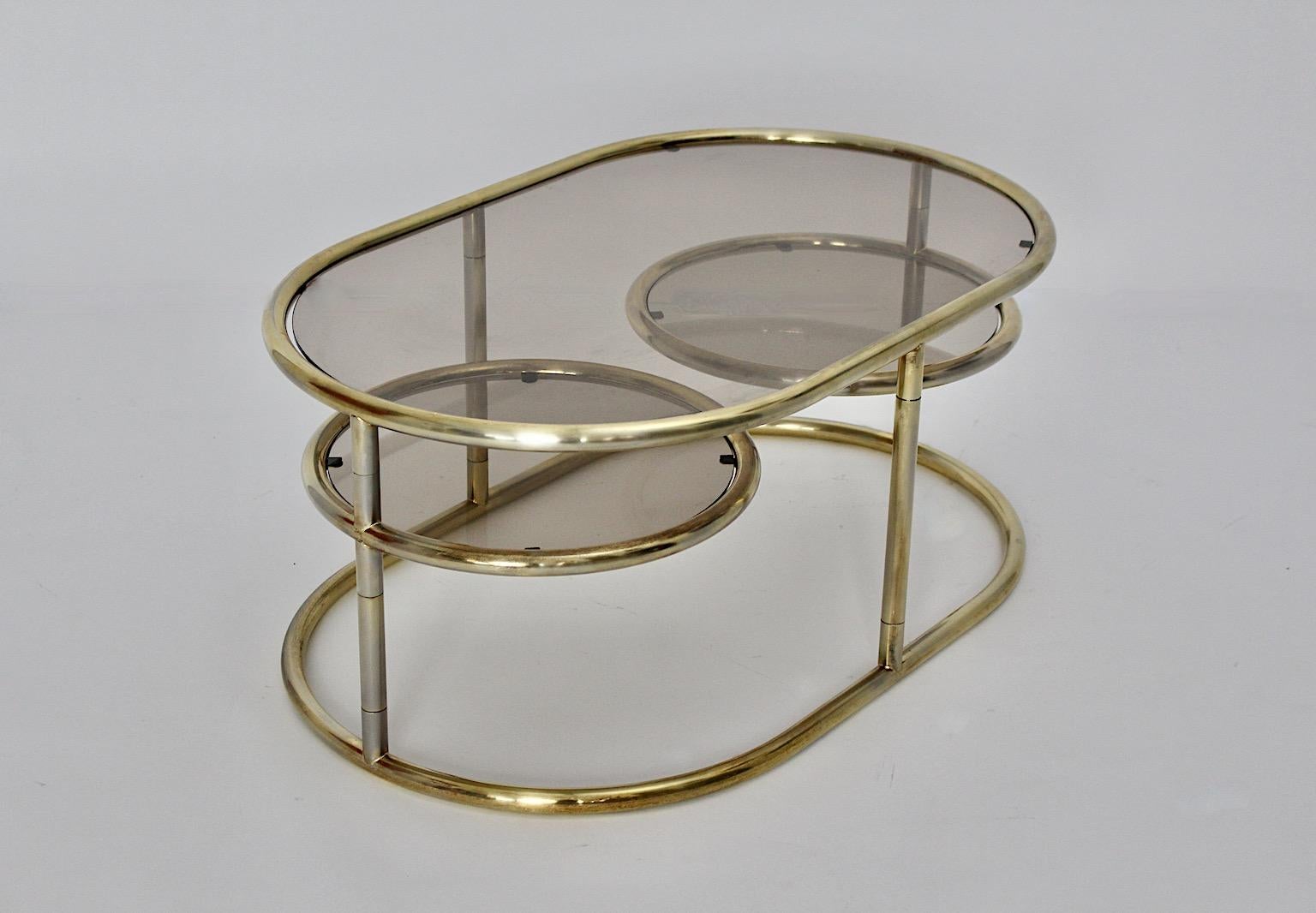 Italian Modernist Vintage Golden Metal Glass Oval Coffee Table Sofa Table, 1960s, Italy For Sale