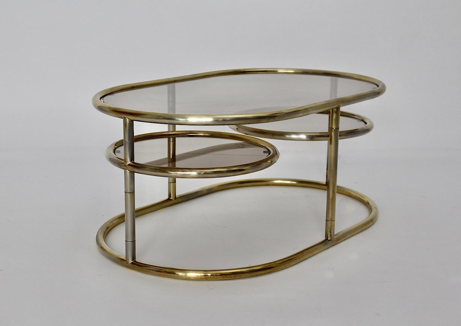 Modernist Vintage Golden Metal Glass Oval Coffee Table Sofa Table, 1960s, Italy In Good Condition For Sale In Vienna, AT