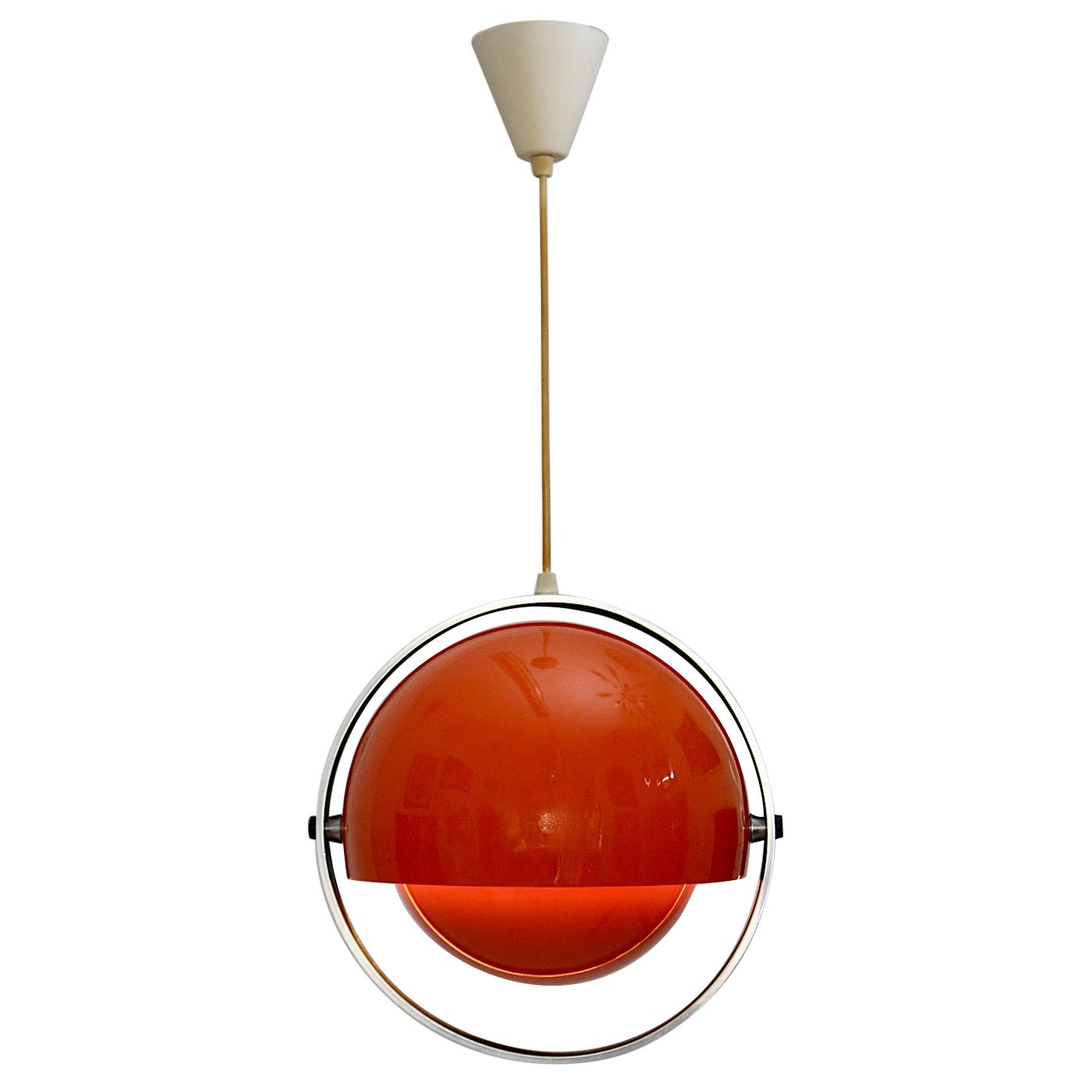 Lustre à suspension en métal orange de l'ère spatiale vintage Brylle Jacobsen, 1970, Danemark en vente