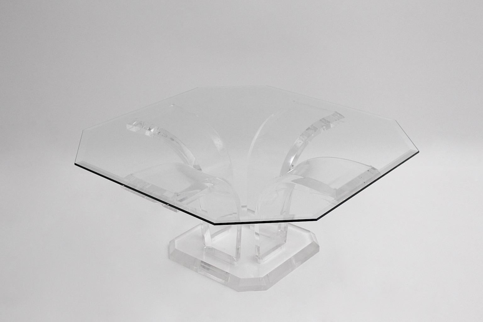Space Age vintage coffee table or sofa table rectangular shape from lucite and glass attributed to Charles Hollis Jones circa 1970.
A beautiful sofa table features a base from transparent materials as lucite and topped with an octagonal shaped cut