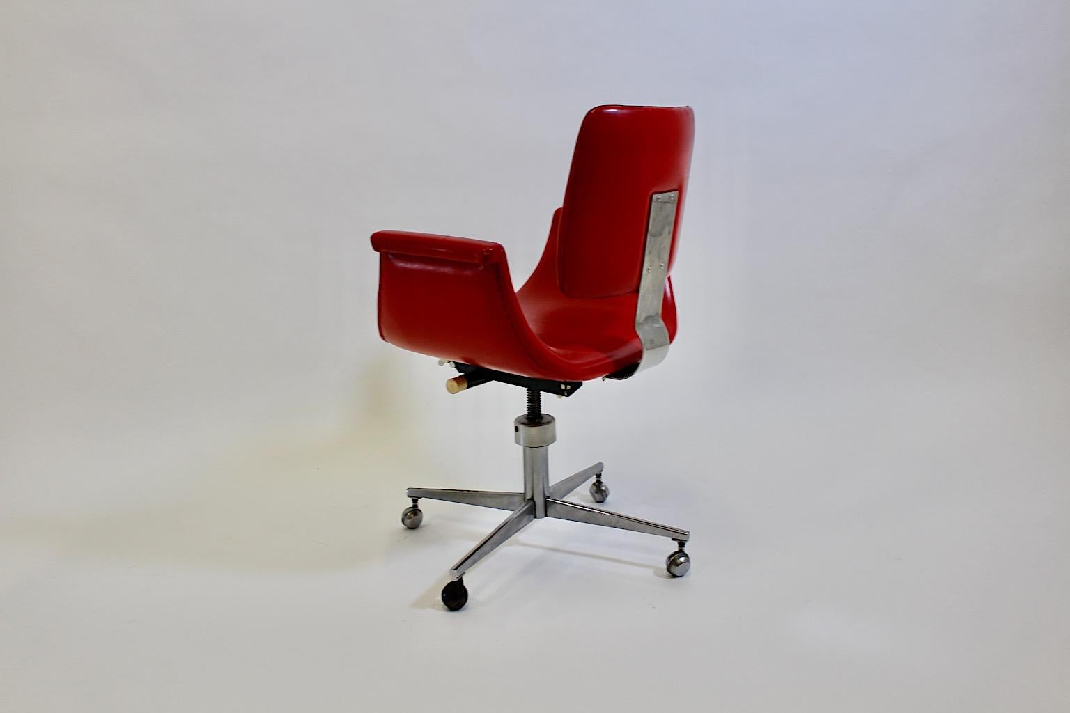 Mid-20th Century Space Age Vintage Red Faux Leather Chrome Metal Office Chair Desk Chair 1960s For Sale