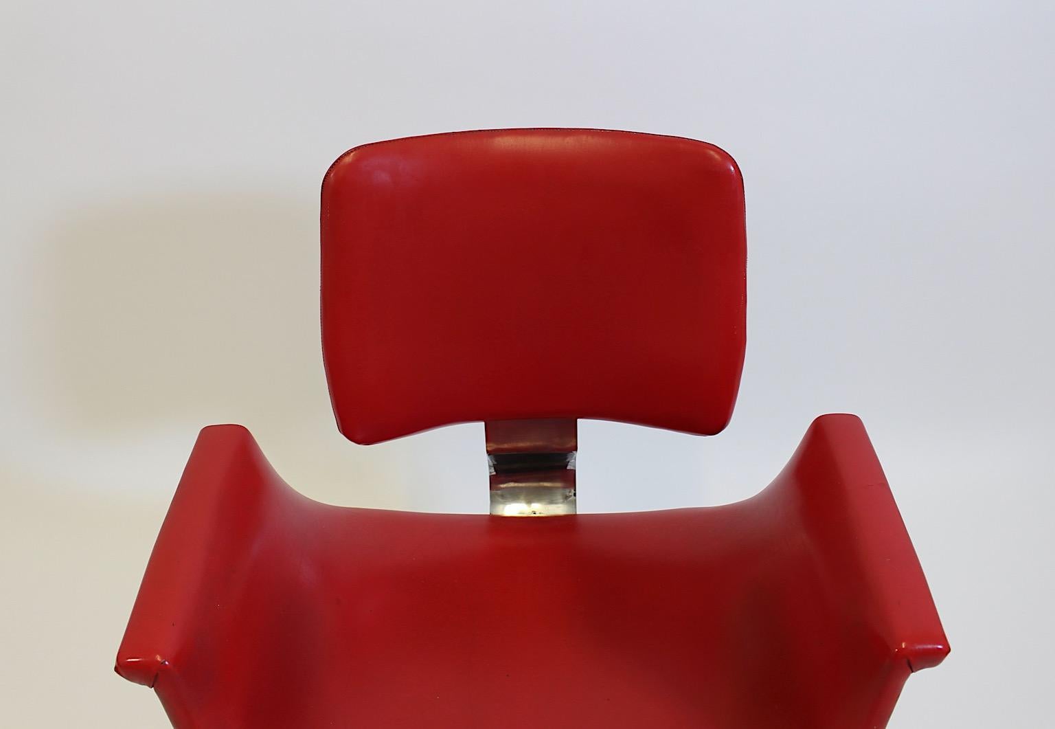 Space Age Vintage Red Faux Leather Chrome Metal Office Chair Desk Chair 1960s For Sale 1