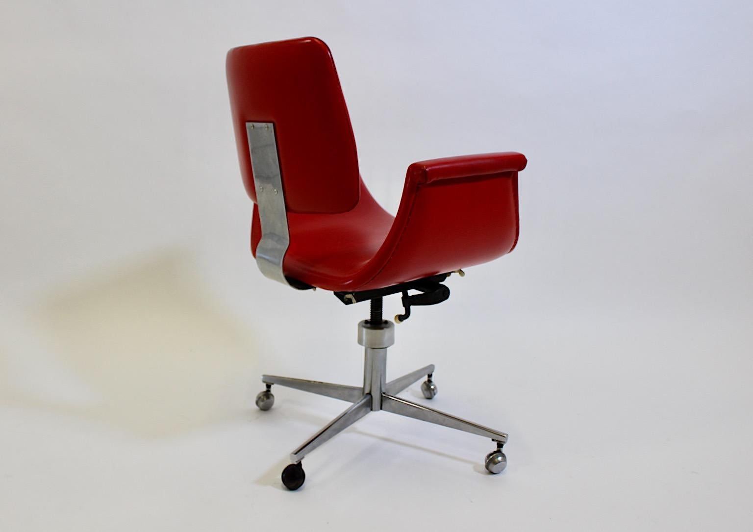 Space Age Vintage Red Faux Leather Chrome Metal Office Chair Desk Chair 1960s For Sale 2