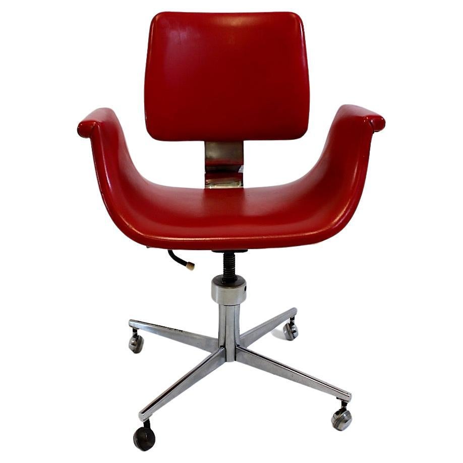 Space Age Vintage Red Faux Leather Chrome Metal Office Chair Desk Chair 1960s For Sale