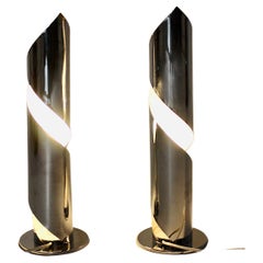 Space Age Vintage Silver Chromed Duo Pair Table Lamps, 1970s, Italy