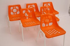 Space Age Vintage Six Orange White Plastic Metal Garden Chairs Patio Chairs 1970