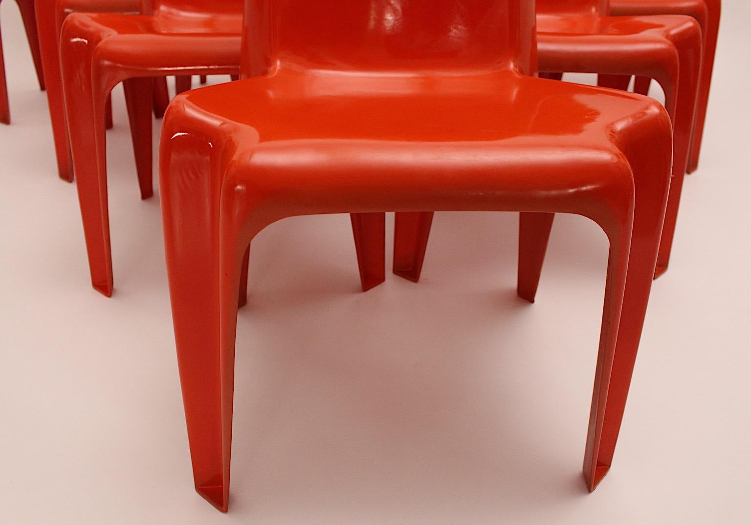 Space Age Vintage Ten Red Plastic Dining Chairs Helmut Baetzner Bofinger, 1964 For Sale 8