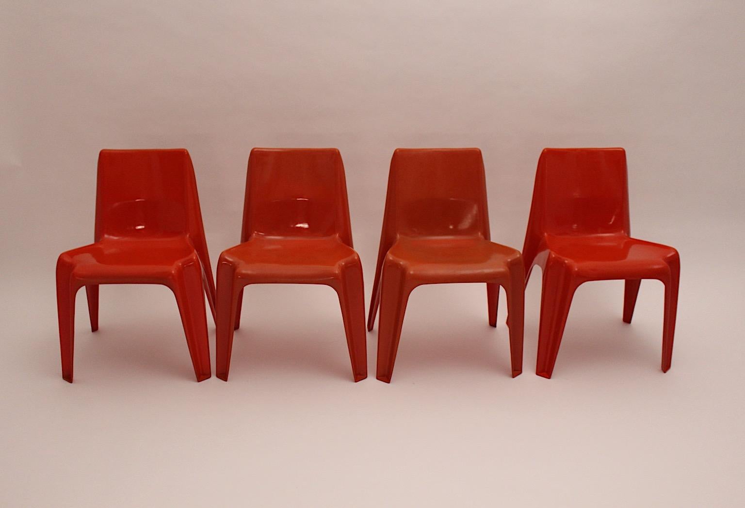 Space Age Vintage Ten Red Plastic Dining Chairs Helmut Baetzner Bofinger, 1964 For Sale 9