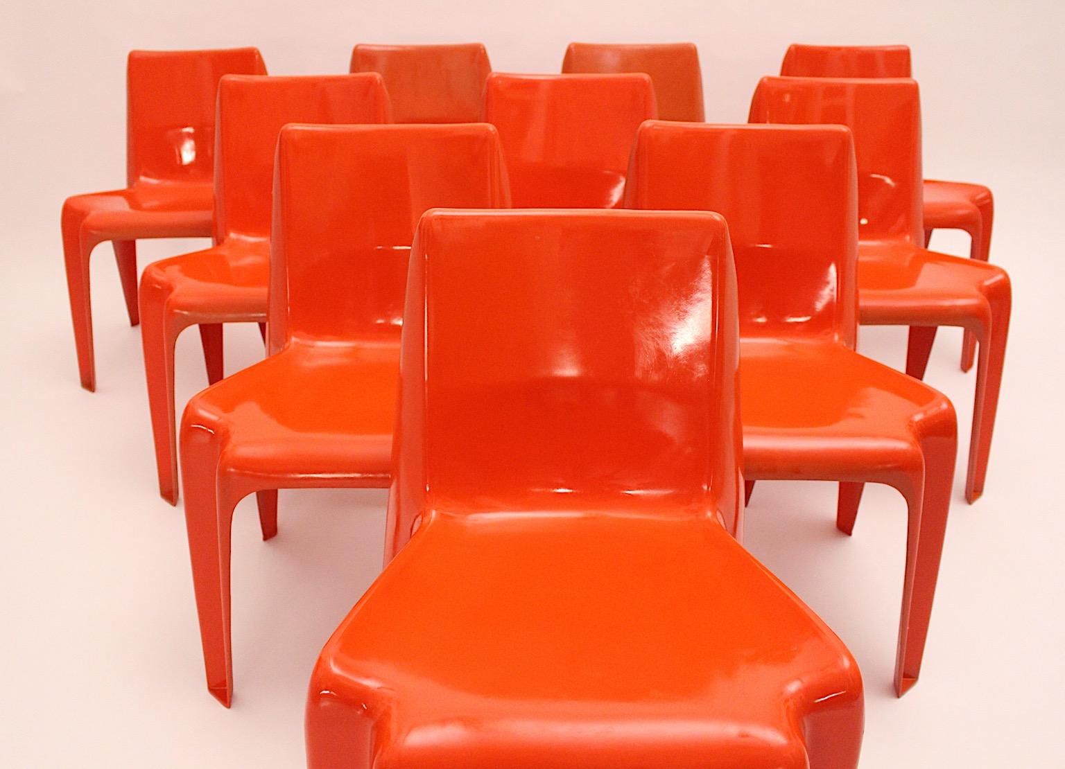Space Age Vintage Ten Red Plastic Dining Chairs Helmut Baetzner Bofinger, 1964 For Sale 10