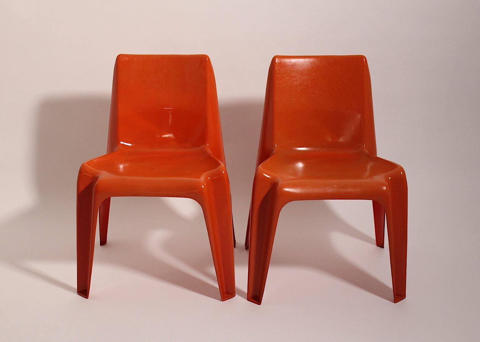 Space Age Vintage Ten Red Plastic Dining Chairs Helmut Baetzner Bofinger, 1964 For Sale 11