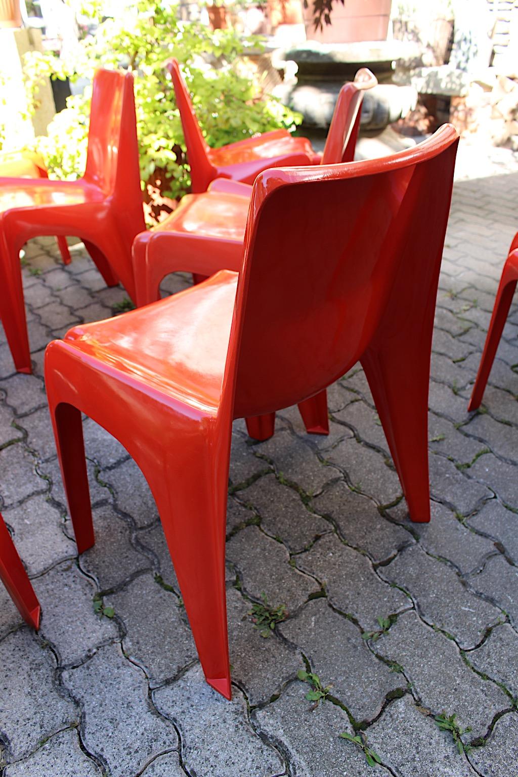 Space Age Vintage Ten Red Plastic Dining Chairs Helmut Baetzner Bofinger, 1964 For Sale 13