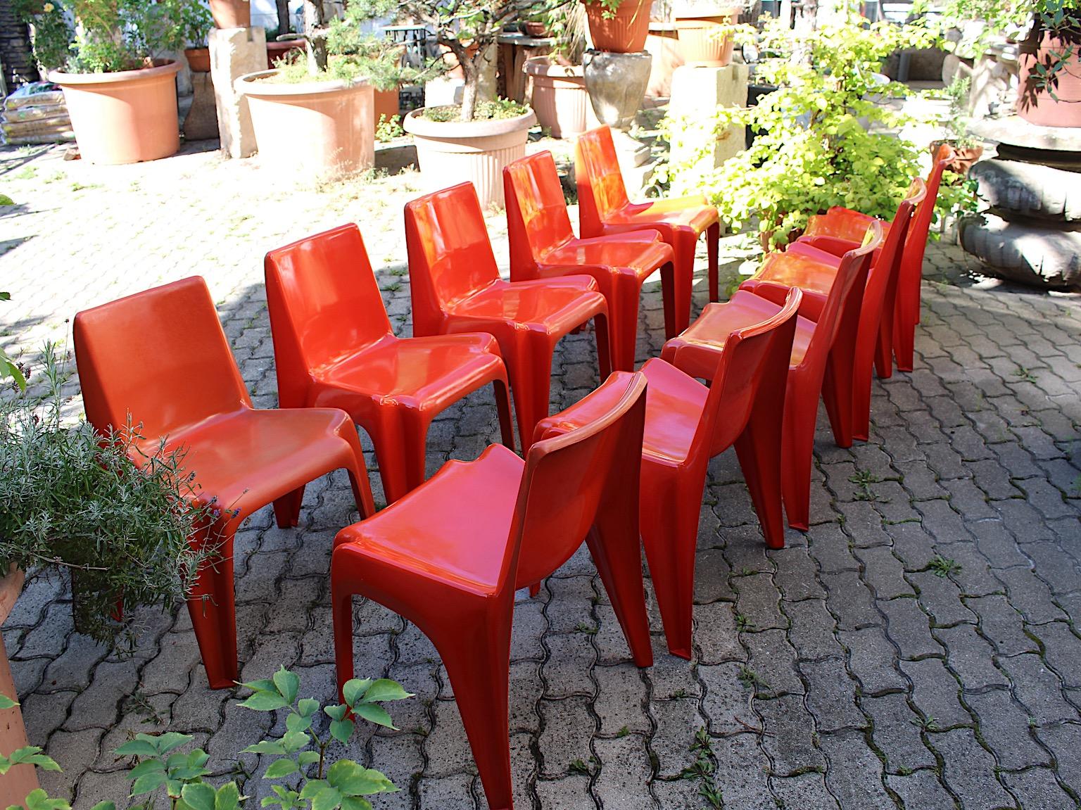 German Space Age Vintage Ten Red Plastic Dining Chairs Helmut Baetzner Bofinger, 1964 For Sale