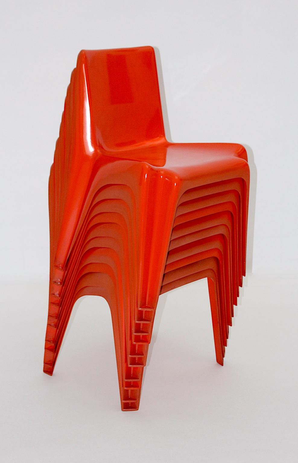 Mid-20th Century Space Age Vintage Ten Red Plastic Dining Chairs Helmut Baetzner Bofinger, 1964 For Sale