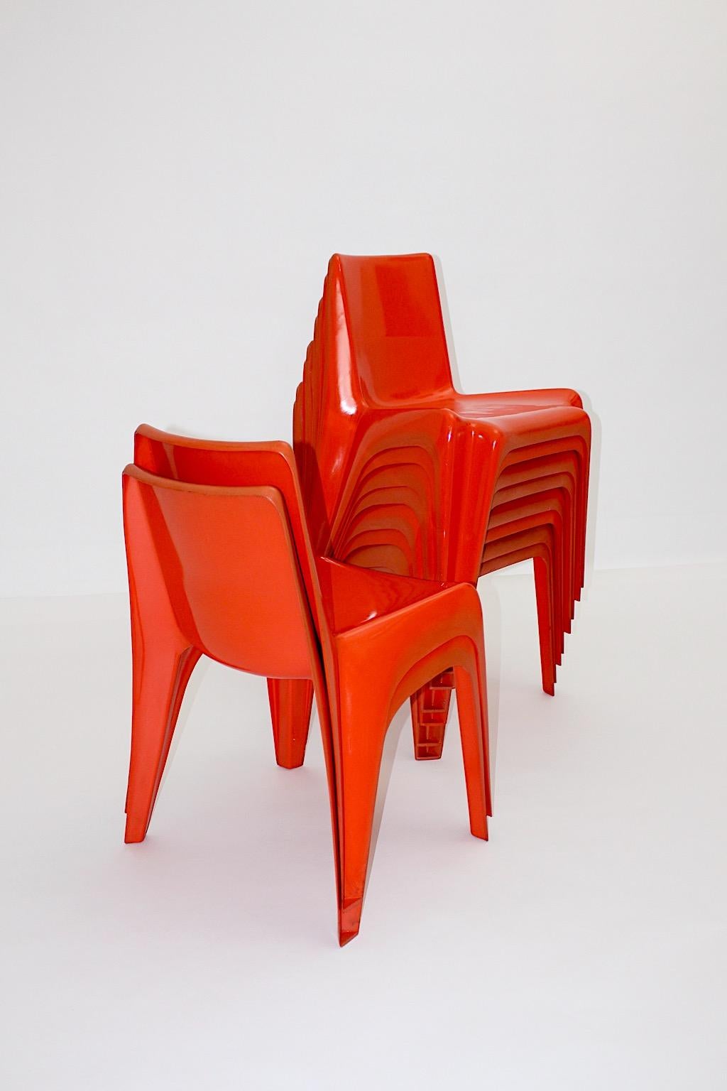 Space Age Vintage Ten Red Plastic Dining Chairs Helmut Baetzner Bofinger, 1964 For Sale 1