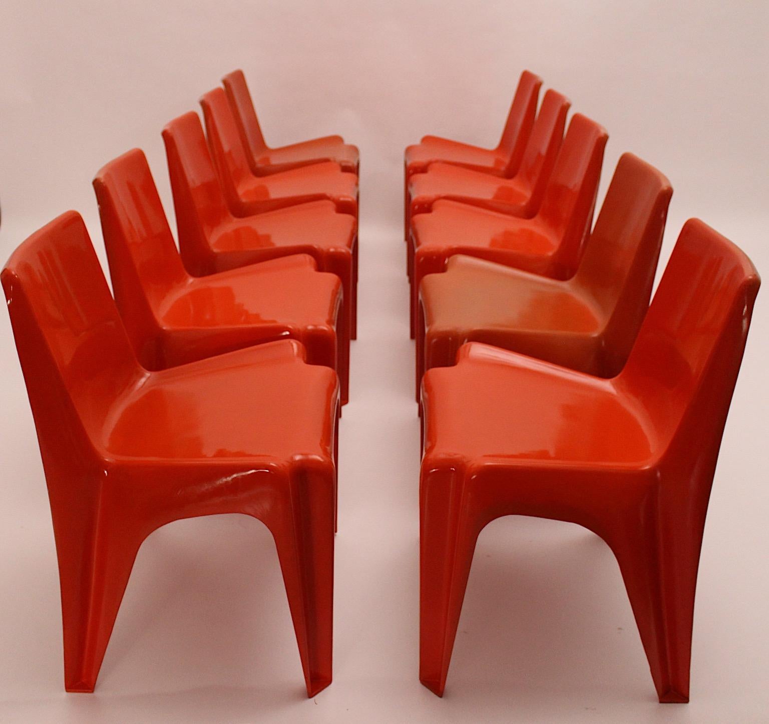Space Age Vintage Ten Red Plastic Dining Chairs Helmut Baetzner Bofinger, 1964 For Sale 3