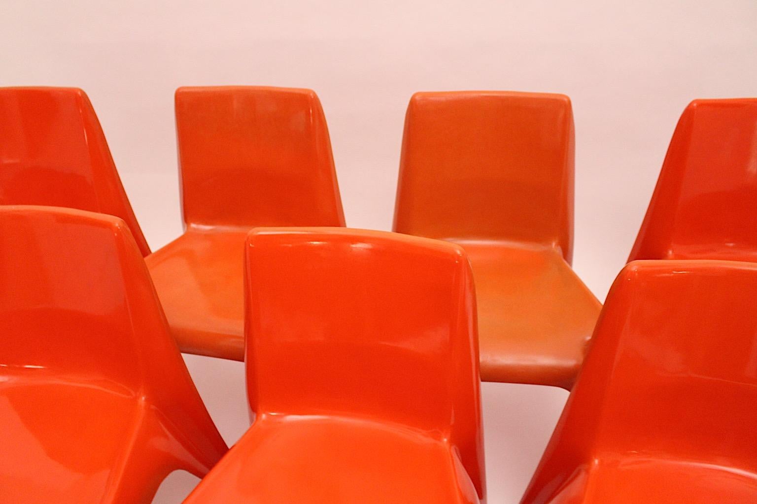Space Age Vintage Ten Red Plastic Dining Chairs Helmut Baetzner Bofinger, 1964 For Sale 4