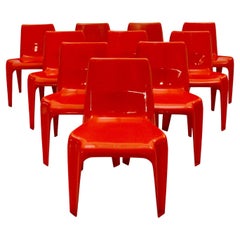 Space Age Vintage Ten Red Plastic Dining Chairs Helmut Baetzner Bofinger, 1964