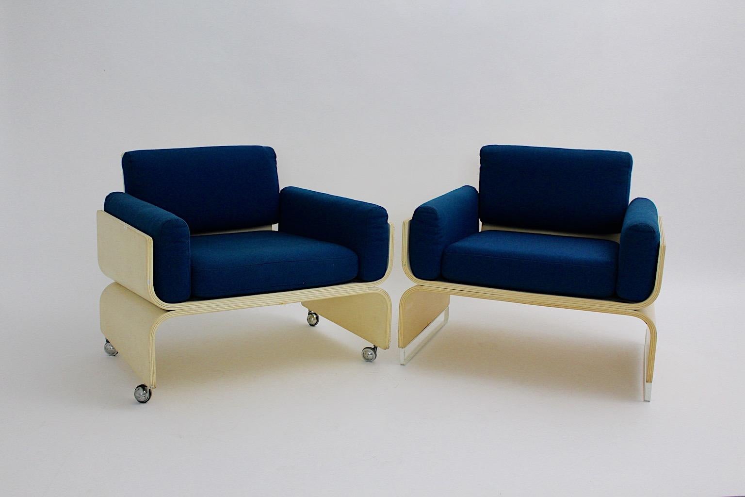 Mid-20th Century Space Age Vintage White Blue Lounge Chairs, 1960s For Sale