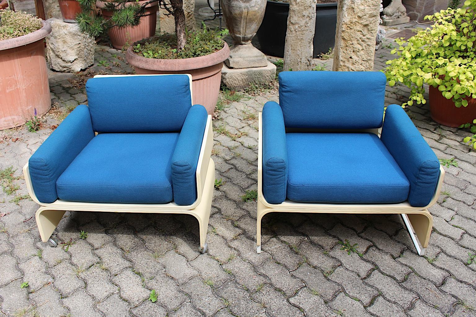 Fabric Space Age Vintage White Blue Lounge Chairs, 1960s For Sale