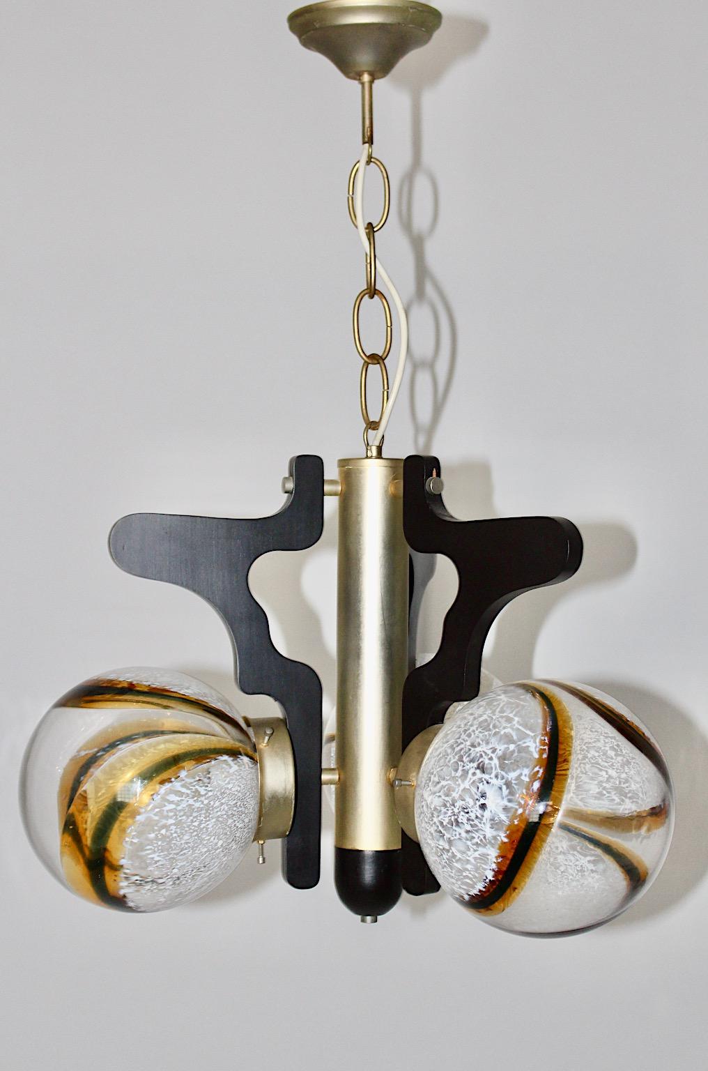 Italian Space Age Vintage White Brown Black Glass Chandelier Pendant Mazzega Italy 1960s For Sale