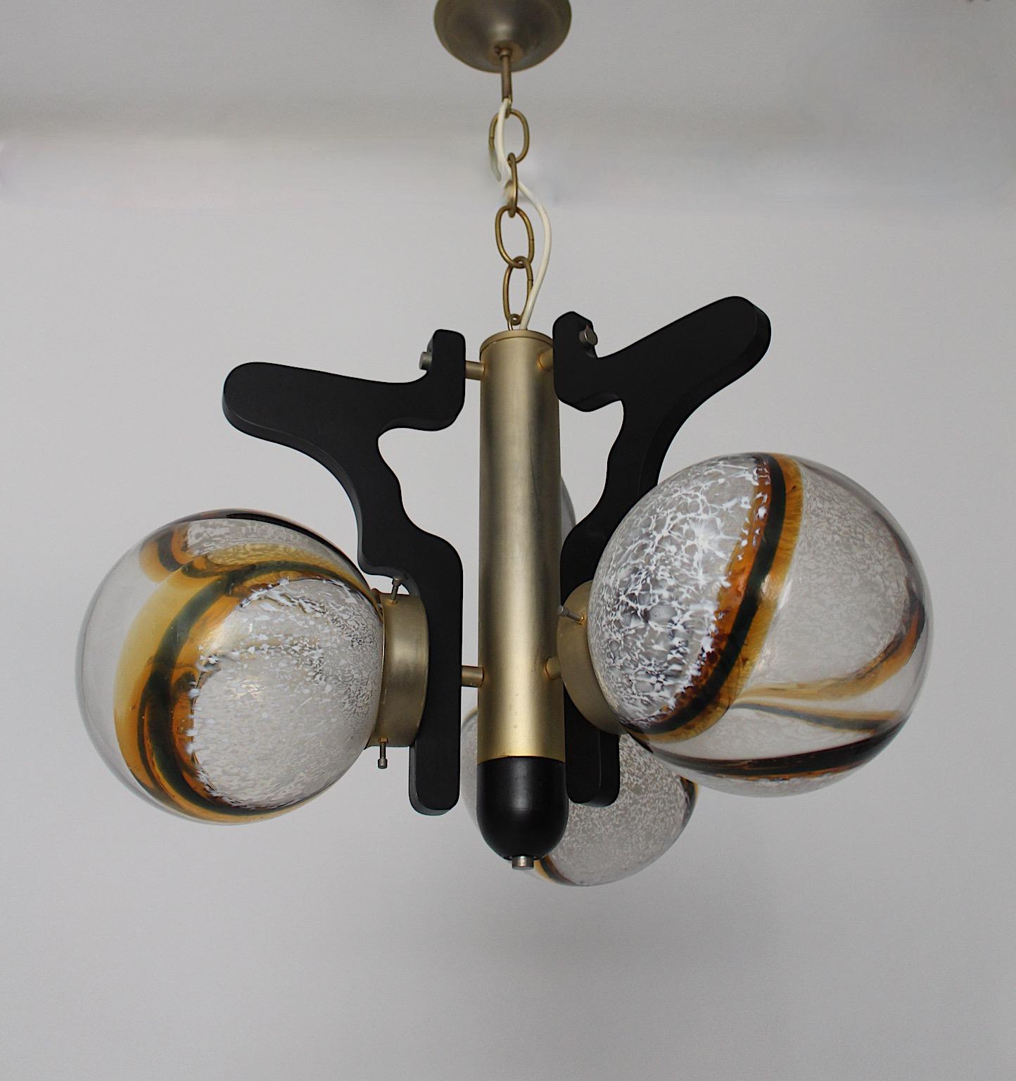 Mid-20th Century Space Age Vintage White Brown Black Glass Chandelier Pendant Mazzega Italy 1960s For Sale