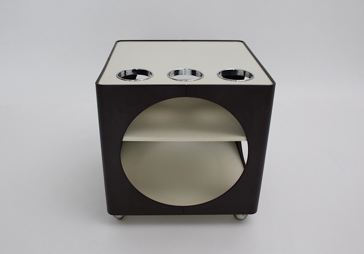 Mid-20th Century Space Age Vintage White Brown Plastic Cube Bar Cart Side Table Germany 1960s