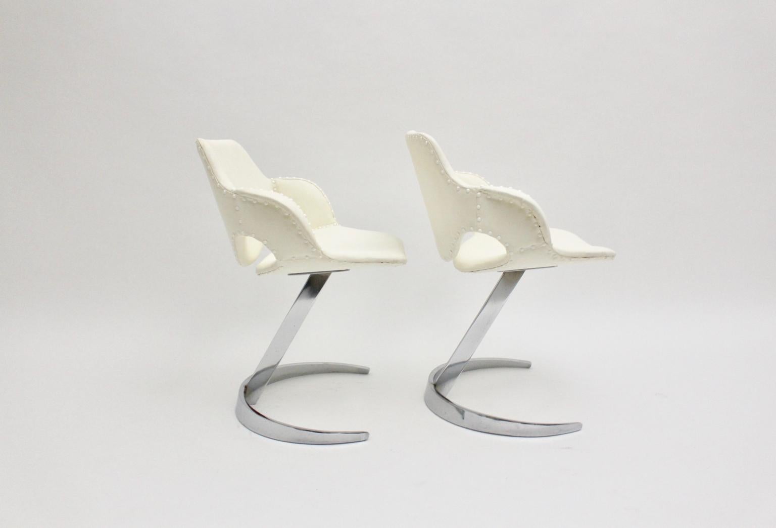 Space Age Vintage White Faux Leather Metal Armchairs Boris Tabacoff, France For Sale 5