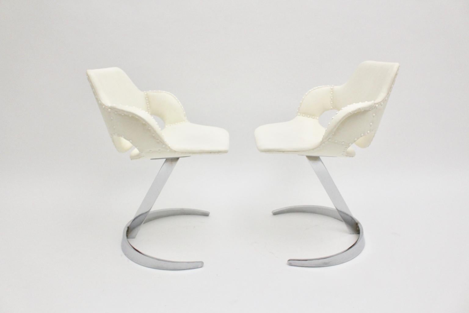 Space Age Vintage White Faux Leather Metal Armchairs Boris Tabacoff, France For Sale 6