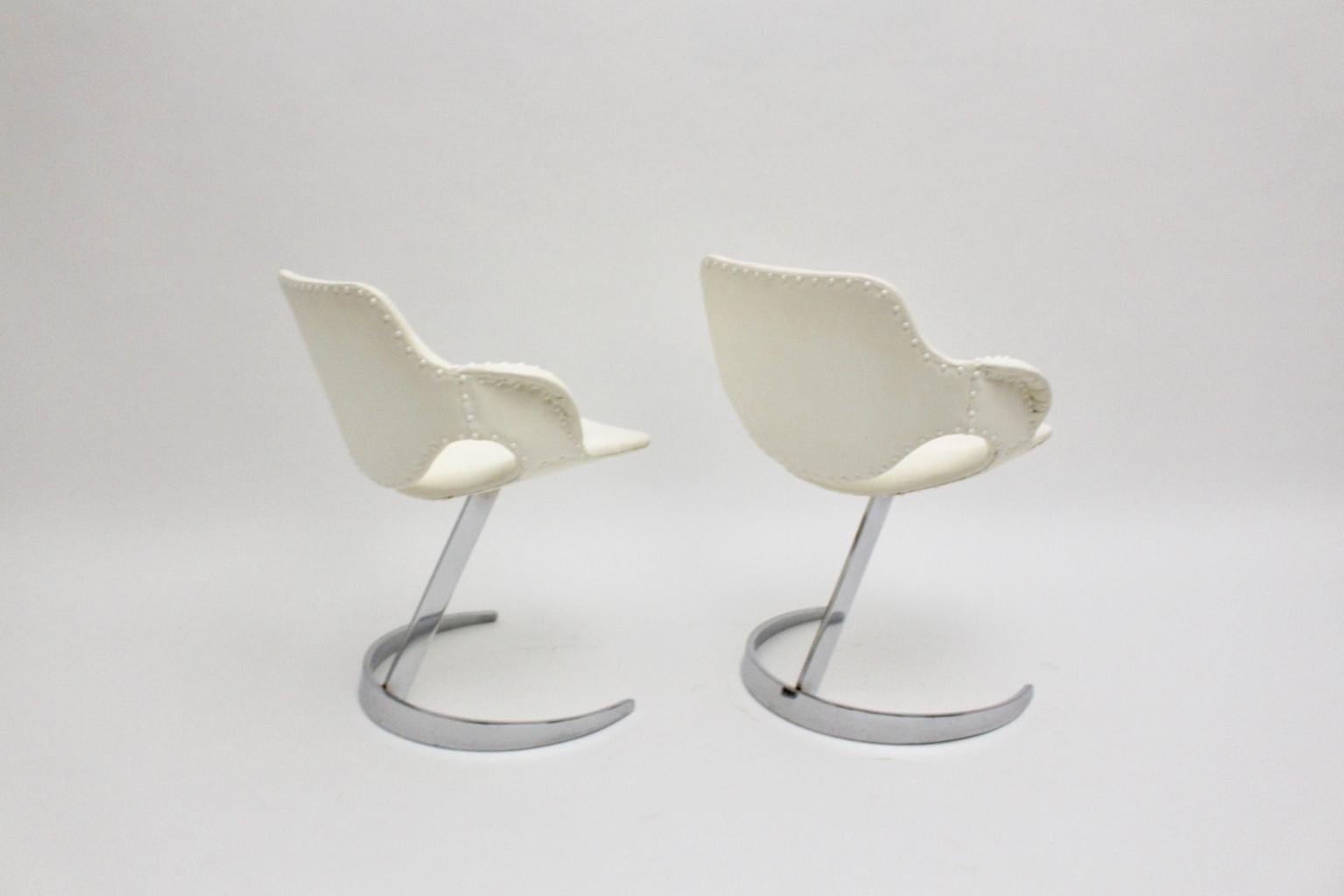 Space Age Vintage White Faux Leather Metal Armchairs Boris Tabacoff, France For Sale 7