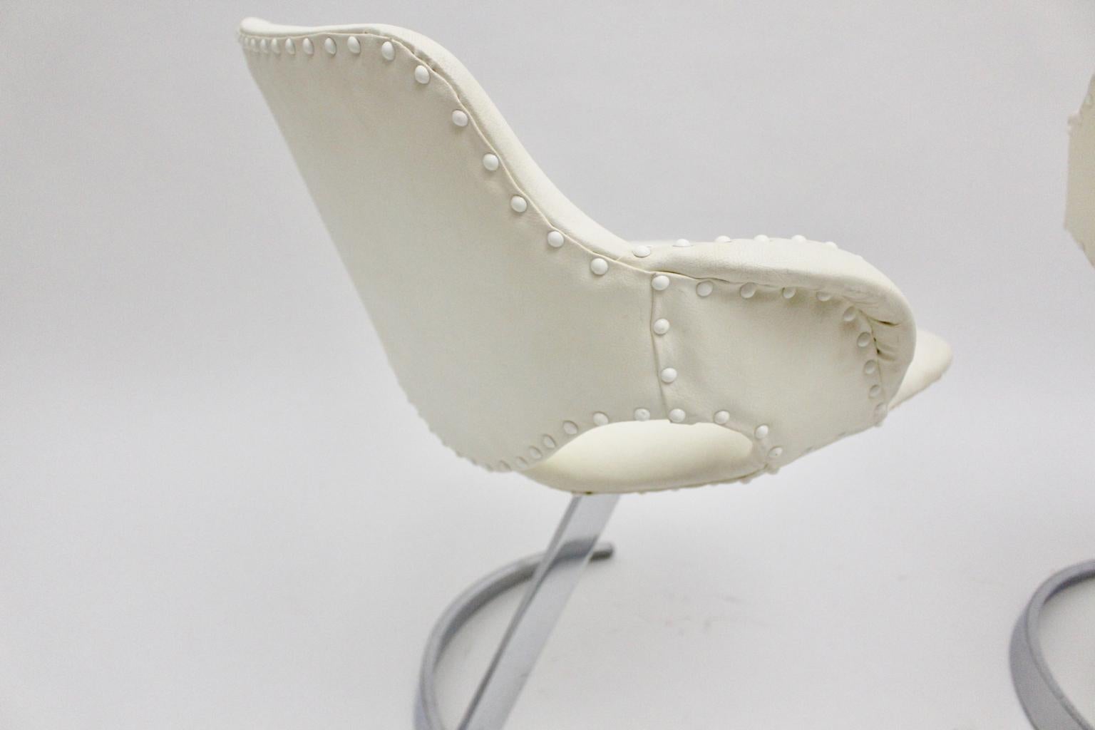 Space Age Vintage White Faux Leather Metal Armchairs Boris Tabacoff, France For Sale 9