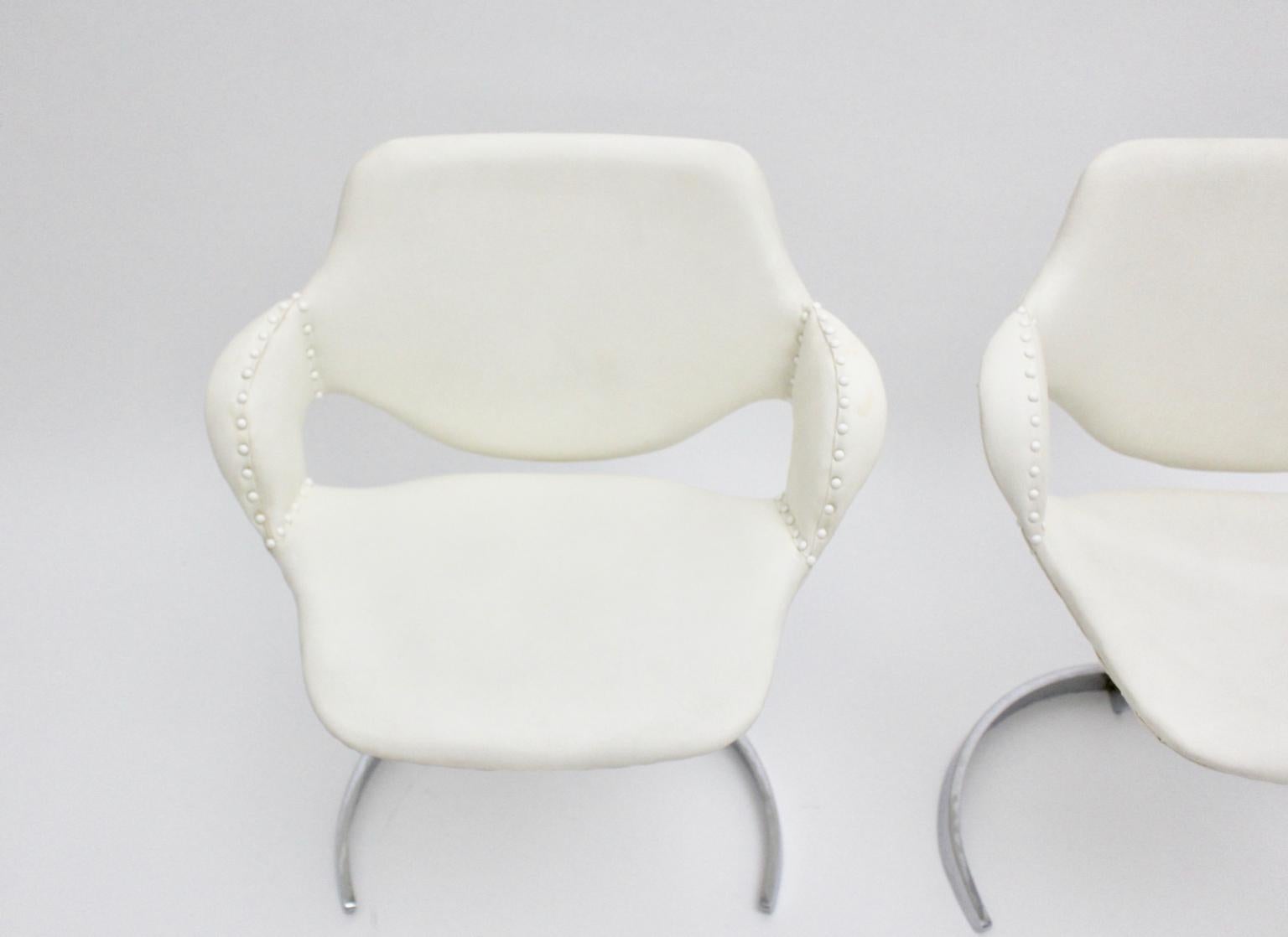 Space Age Vintage White Faux Leather Metal Armchairs Boris Tabacoff, France For Sale 10
