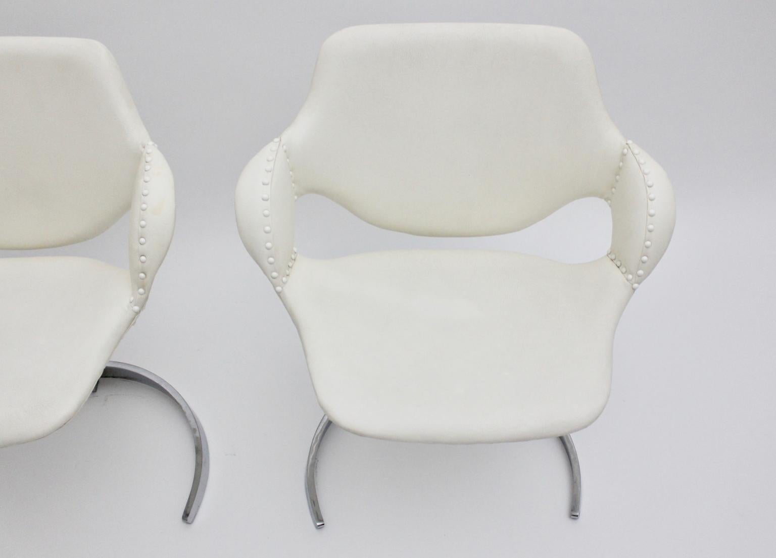 Space Age Vintage White Faux Leather Metal Armchairs Boris Tabacoff, France For Sale 11