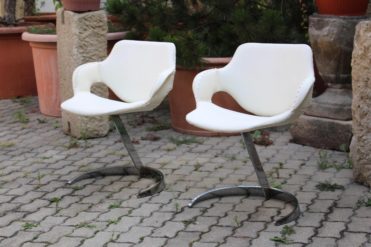 French Space Age Vintage White Faux Leather Metal Armchairs Boris Tabacoff, France For Sale