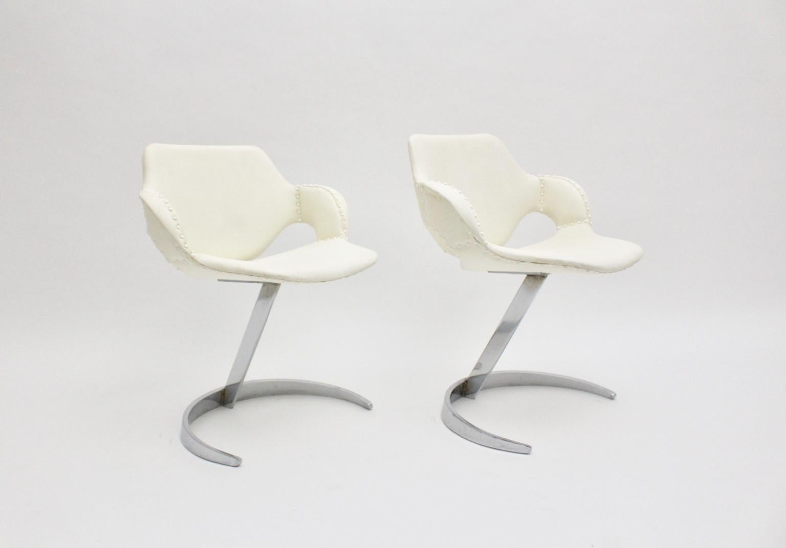 Space Age Vintage White Faux Leather Metal Armchairs Boris Tabacoff, France For Sale 1