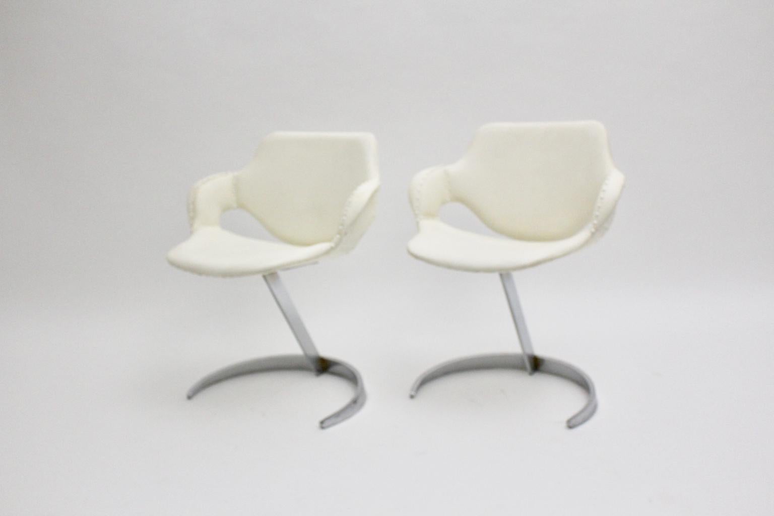 Space Age Vintage White Faux Leather Metal Armchairs Boris Tabacoff, France For Sale 2