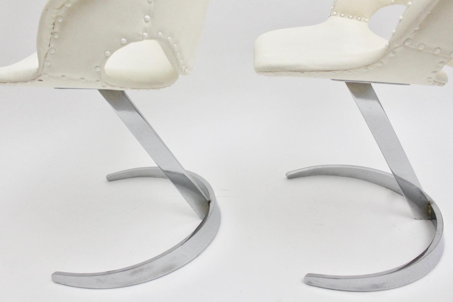Space Age Vintage White Faux Leather Metal Armchairs Boris Tabacoff, France For Sale 3