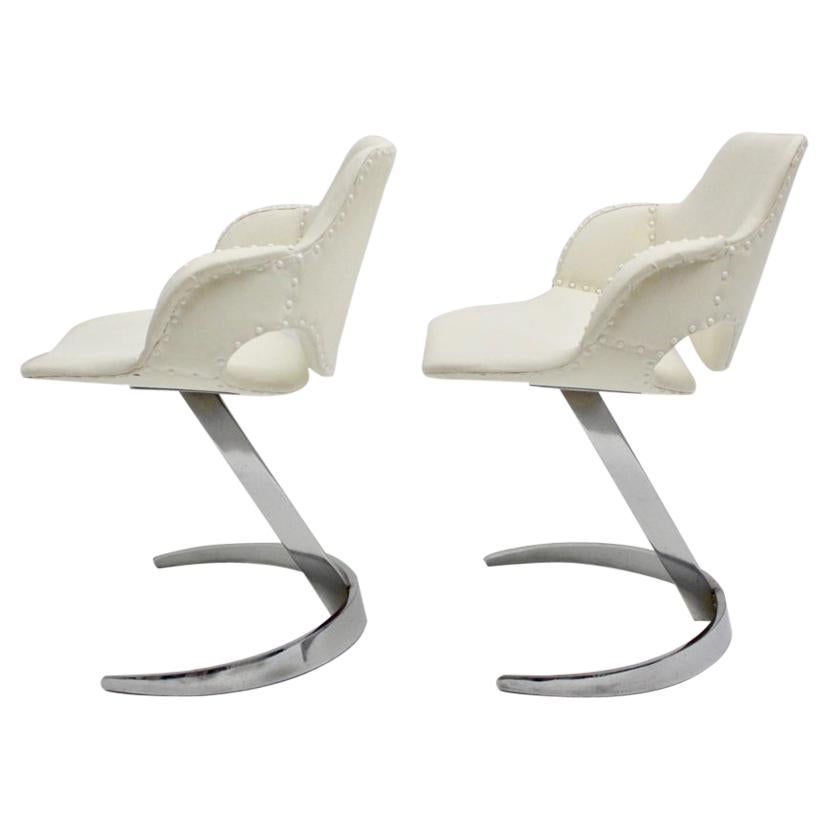Space Age Vintage White Faux Leather Metal Armchairs Boris Tabacoff, France